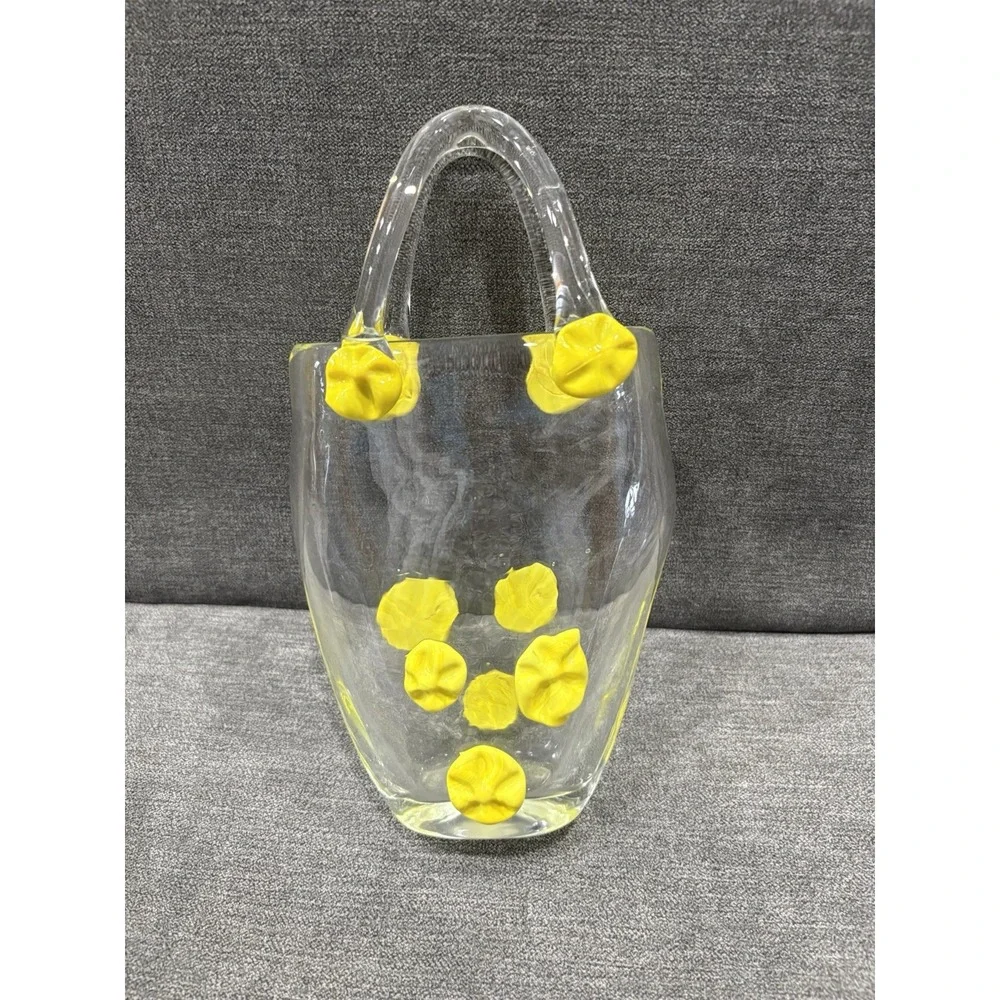Vintage Art Glass Purse Vase Clear‎ with Yellow Flower Accents Hand Blown 9.5